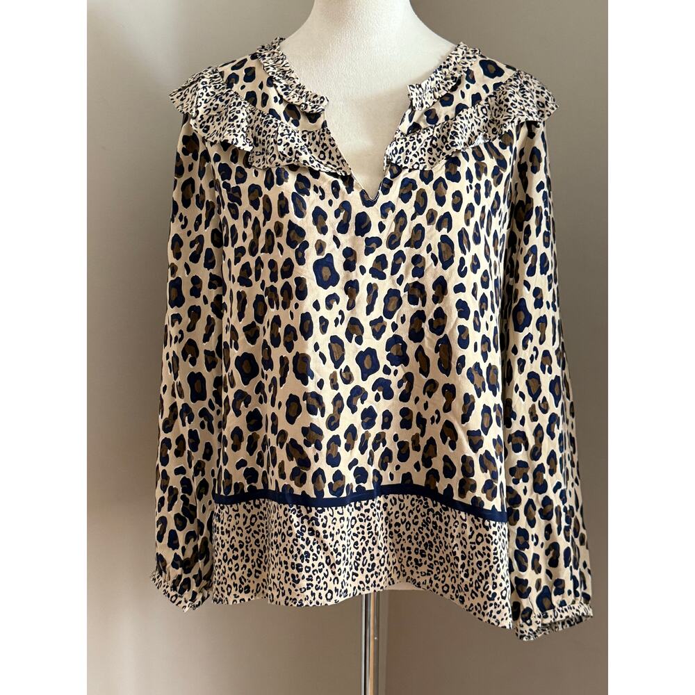 Vineyard Vines Mixed‎ Leopard Animal Print Ruffle Collar Blouse Women’s Medium